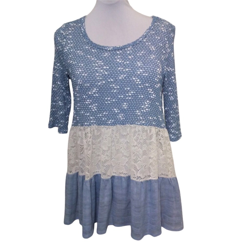 Oddi Womens Blue White Lace Tiered Ruffle Tunic Top 3/4 Sleeve Womens Small